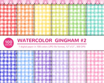 100 Colors Digital Papers: Watercolor Gingham #2, Aquarelle, Gouache, Background, Rainbow, Printable, JPG, Scrapbooking, Digital Paper