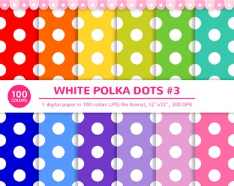 100 Colors Digital Papers: White Polka Dots #3, Big Polka Dots, Seamless Paper, Polka Dot, Pattern, Paper Pack, Digital, Pattered Paper