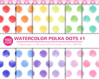 100 Colors Digital Papers: Watercolor Polka Dots #1, Aquarelle, Gouache, Background, Rainbow, Printable, JPG, Scrapbooking, Digital Paper