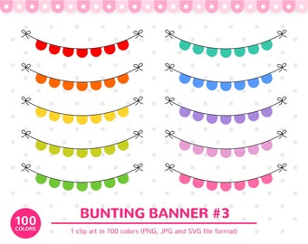 100 Colors Clip Art: Bunting Banner #3, Bunting Clip Art, Banner Clipart, Birthday Party, Banner, Bunting, Rainbow Clipart, 100 colors, SVG