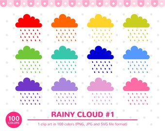 100 Colors Clip Art: Rainy Cloud, Clouds Clip Art, Weather Clipart, Rainy Days Clipart, Printable Stickers, Clouds SVG, Planner Clipart, SVG