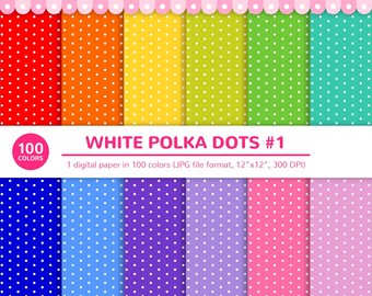 100 Colors Digital Papers: White Polka Dots #1, Polka Dot Paper, Tiny, Polka Dots, Rainbow Paper, Scrapbooking, Digital Paper, Paper Pack