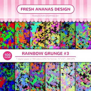 Carta digitale a 100 colori: Rainbow Grunge n. 3, anni '80, anni '90, retrò, neon, vernice, schizzi, grunge, arcobaleno, JPG, scrapbooking, carta digitale