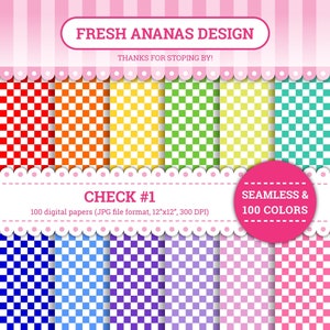 May include: A set of 100 digital papers featuring a checkered pattern in various colors. The papers are 12 inches by 12 inches and 300 DPI. The text "CHECK #1" and "SEAMLESS & 100 COLORS" is included in the image.