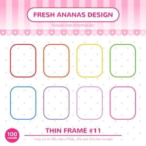 Könnte beinhalten: Ein Satz von sechs dünnen Rahmen in verschiedenen Farben, darunter Rot, Orange, Gelb, Grün, Blau und Pink. Die Rahmen sind in zwei Reihen mit jeweils drei Rahmen angeordnet. Jeder Rahmen ist ein abgerundetes Rechteck mit weißem Hintergrund und dünnem Rahmen. Die Rahmen befinden sich auf einem weißen Hintergrund mit einem rosa Tupfenmuster.