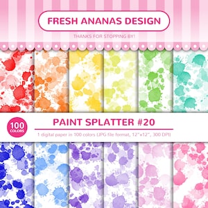 May include: A digital paper pack featuring 100 colours of watercolour paint splatters. The colours are red, orange, yellow, green, blue, purple, and pink. The paper is 12 inches by 12 inches and 300 DPI. The text "FRESH ANANAS DESIGN" and "PAINT SPLATTER #20" is included in the image.