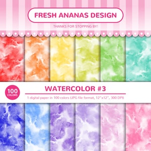 100 色のデジタル ペーパー: 水彩画 #3、水彩絵の具、水彩画、ガッシュ、背景、虹、印刷可能、JPG、スクラップブッキング、デジタル ペーパー