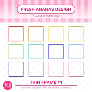 May include: A set of nine thin frames in various colors, including red, orange, yellow, green, blue, purple, and pink. The frames are arranged in a 3x3 grid on a white background with small white dots. The text "THIN FRAME #1" is below the frames, and the text "100 COLORS" is in the lower left corner.