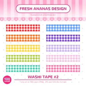 100 Colors Clip Art: Washi Tape #2, Gingham Washi Tape, Gingham, Washi, Tape, Rainbow, Clipart, Planner Clipart, Printable, Stickers, SVG