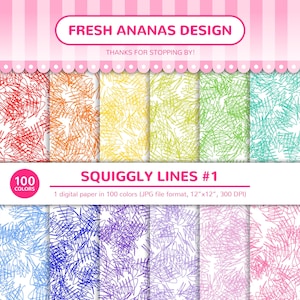 100 Colors Digital Papers: Squiggly Lines #1, Curly, Squiggle, Doodle, Scribble, Rainbow, Printable, JPG, Scrapbooking, Digital Paper