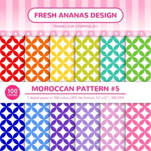 Puede incluir: Un paquete de papel digital con 100 colores que presenta un patrón marroquí con círculos superpuestos en varios colores, incluidos rojo, naranja, amarillo, verde, azul, morado y rosa. El patrón se repite sobre un fondo blanco. El texto "FRESH ANANAS DESIGN" y "MOROCCAN PATTERN #5" está incluido en la imagen.