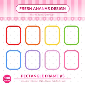 May include: A set of eight rectangle frames in different colors, including red, orange, yellow, green, blue, purple, pink, and light pink. The frames are on a white background with small white dots. The text "FRESH ANANAS DESIGN" is at the top of the image, and the text "RECTANGLE FRAME #5" is at the bottom of the image. The text "100 COLORS" is in a circle at the bottom left of the image.