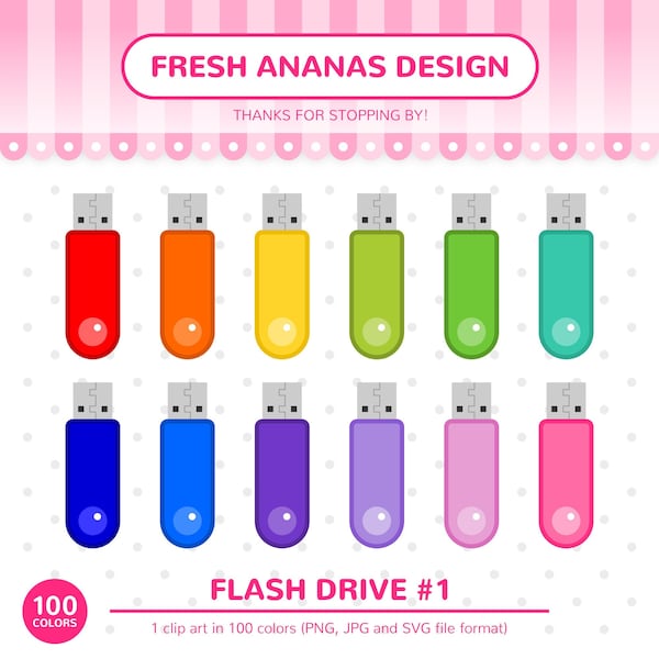 100 Colors Clip Art: Flash Drive, Memory Stick, USB Drive, USB Clipart, School, Technology, Clipart, Planner Clipart, SVG, Printable Sticker