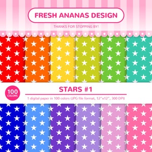 100 Farben Digitale Papiere: Sterne #1, Sternpapier, Sterne, Bunte Sterne, Scrapbooking, Regenbogen, Papierpack, Hintergrund, Muster, Nahtlos