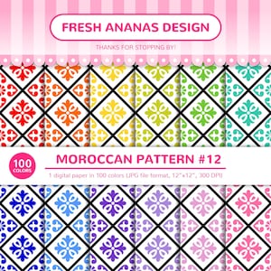 Papiers numériques 100 couleurs : motif marocain n°12, arabe, islamique, géométrique, carrelage, arc-en-ciel, imprimable, JPG, scrapbooking, papier numérique