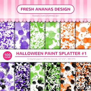Halloween verfspatten #1, spatten, vlekken, vlek, paars, groen, oranje, zwart, verf, patroon, digitaal papier, naadloos, afdrukbaar