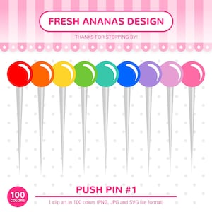 100 Farben ClipArt: Pin, Pinnadel Clipart, Reißzwecke, Büro, Nähen, Klassenzimmer, Clip Art, Planer Clipart, SVG, Printable Sticker