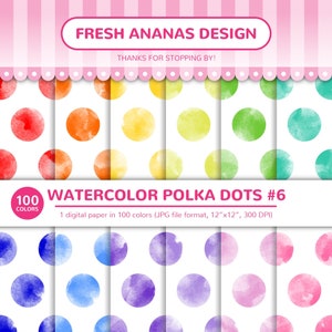 100 Colors Digital Papers: Watercolor Polka Dots #6, Aquarelle, Gouache ...