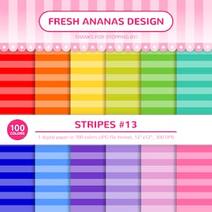 100 Colors Digital Papers: Stripes #13, Stripes Paper Pack, Horizontal Stripes, Medium Stripes, Tinted, Paper, Digital, Pattern, Striped