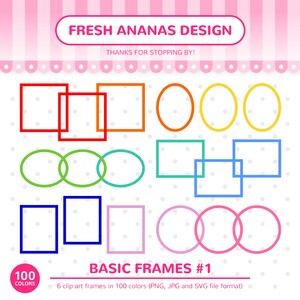 May include: Six basic frame shapes in various colors, including red, orange, yellow, green, blue, and purple. The frames are arranged in three rows, with two squares, two circles, and two squares in each row. The text "BASIC FRAMES #1" is at the bottom of the image.