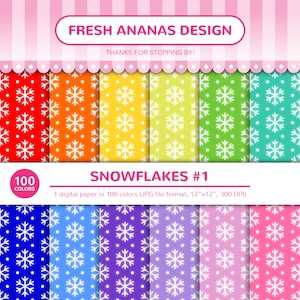 Könnte beinhalten: Ein digitales Papierpaket mit 100 verschiedenen farbigen Hintergründen mit einem weißen Schneeflockenmuster. Der Text "SNOWFLAKES #1" und "1 digital paper in 100 colors (JPG file format, 12"x12", 300 DPI)" wird unter den Mustern angezeigt.