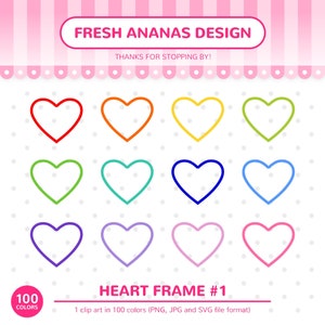 100 Colors Clip Art: Heart Frame, Hollow Heart, Frame Clipart, Heart SVG, Wedding Day, Frames, Love, Heart, Vector, SVG