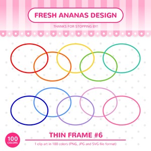Puede incluir: Un conjunto de seis círculos superpuestos en un patrón de colores arcoíris. Los círculos están delineados con finas líneas negras. El texto "FRESH ANANAS DESIGN" y "THIN FRAME #6" está en la parte superior e inferior de la imagen. El texto "100 COLORS" está en un cuadrado en la parte inferior izquierda de la imagen.