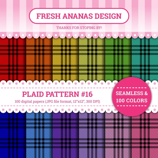 100 Colors Digital Papers: Plaid Pattern #16, Tartan, Check, Buffalo, Flannel, Windowpane, Madras, Digital Paper, Background, Seamless