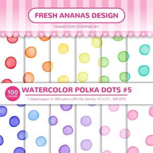 100 色のデジタル ペーパー: 水彩水玉模様 #5、アクアレル、グアッシュ、背景、レインボー、印刷可能、JPG、スクラップブッキング、デジタル ペーパー