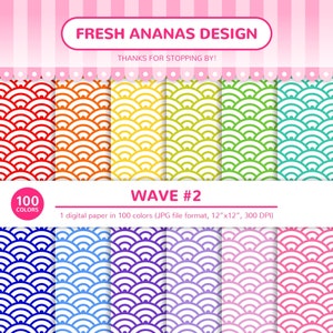 May include: A digital paper pack with 100 colours featuring a wave pattern in various colours, including red, orange, yellow, green, blue, purple, and pink. The paper is 12 inches by 12 inches and 300 DPI. The text "FRESH ANANAS DESIGN" and "WAVE #2" is included in the image.