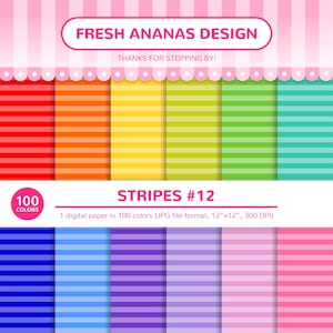 100 Colors Digital Papers: Stripes #12, Stripes Paper Pack, Horizontal Stripes, Thin Stripes, Medium, Tinted, Paper, Digital, Pattern