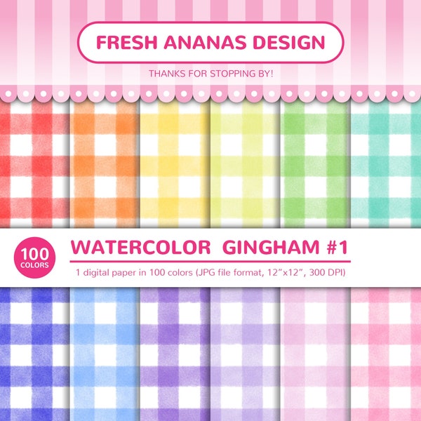 100 Colors Digital Papers: Watercolor Gingham #1, Aquarelle, Gouache, Background, Rainbow, Printable, JPG, Scrapbooking, Digital Paper