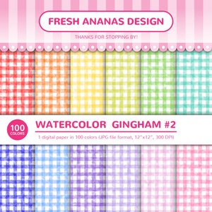 100 Colors Digital Papers: Watercolor Gingham #2, Aquarelle, Gouache, Background, Rainbow, Printable, JPG, Scrapbooking, Digital Paper