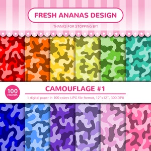 100 Colors Digital Papers: Camouflage #1, Military, Army, Camo, Texture, Combat,  Seamless, Rainbow, JPG, Scrapbooking, Digital Paper