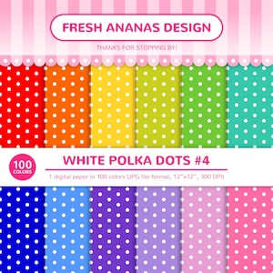 100 Colors Digital Papers: White Polka Dots #4, Small, Polka Dots, Polka Dot Pattern, Digital, Paper Pack, Rainbow Paper, Background, Dot