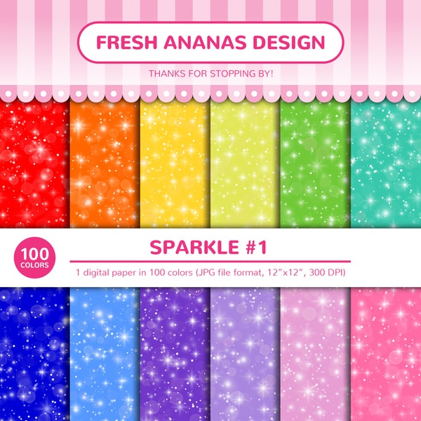 100 Colors Digital Papers: Sparkle #1, Glitter, Twinkle, Stars, Shimmer, Galaxy, Rainbow, Scrapbooking, Digital Paper