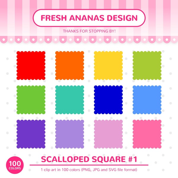 100 Colors Clip Art: Scalloped Square #1, Scalloped Clipart, Square Label, Square Tag, SVG, Clipart, Planner Clipaer, Stickers, Digital
