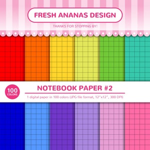 May include: A digital paper pack with 100 different colored grid patterns. Each pattern is 12 inches by 12 inches and has a 300 DPI resolution. The colors range from red, orange, yellow, green, blue, purple, and pink.