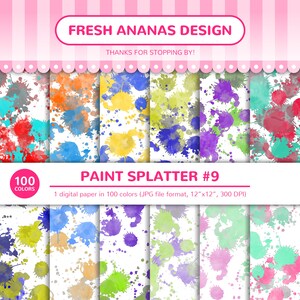 May include: A digital paper with a paint splatter design in 100 colors. The paper is 12 inches by 12 inches and 300 DPI. The colors are bright and vibrant, and the splatters are random and organic. The paper is perfect for scrapbooking, card making, and other craft projects.