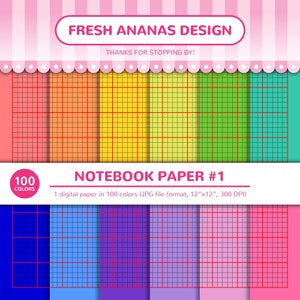 May include: A digital paper pack with 100 different colored grid patterns. Each pattern is 12 inches by 12 inches and has a 300 DPI resolution. The colors range from pink to blue and include red, orange, yellow, green, and purple.