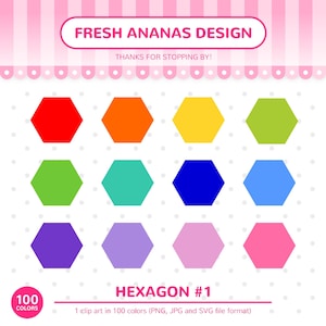 May include: A set of 12 hexagon shapes in various colors, including red, orange, yellow, green, blue, purple, and pink. The hexagons are arranged in a grid pattern on a white background with a polka dot pattern. The text "FRESH ANANAS DESIGN" and "HEXAGON #1" are also included in the image.
