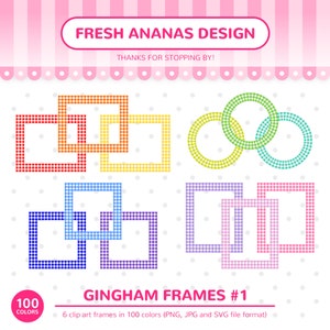 May include: Six gingham frames in various colours, including red, blue, yellow, green, purple, and pink. The frames are in square and circle shapes. The text "GINGHAM FRAMES #1" and "100 COLORS" is at the bottom of the image.