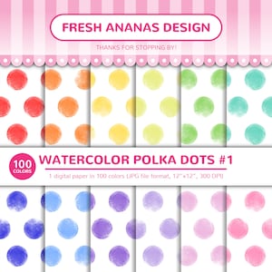 100 色のデジタル ペーパー: 水彩水玉模様 #1、アクアレル、グアッシュ、背景、レインボー、印刷可能、JPG、スクラップブッキング、デジタル ペーパー