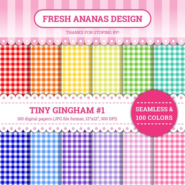 100 Colors Digital Papers: Tiny Gingham #1, Vichy, Pattern, Seamless, Check, Shepard, Background, Instant Download, JPG, Printable