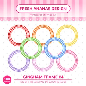 Puede incluir: Conjunto de seis círculos con estampado de cuadros vichy en rojo, naranja, amarillo, verde, azul y rosa. Los círculos están dispuestos en forma circular. El texto "GINGHAM FRAME #4" está en la parte inferior de la imagen. El texto "1 clip art en 100 colores (PNG, JPG y SVG file format)" está debajo del texto "GINGHAM FRAME #4".