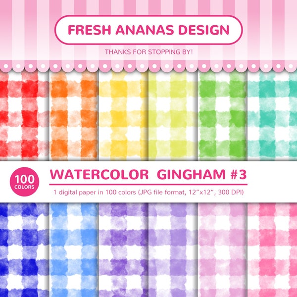 100 Colors Digital Papers: Watercolor Gingham #3, Aquarelle, Gouache, Background, Rainbow, Printable, JPG, Scrapbooking, Digital Paper