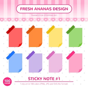 Illustraties 100 kleuren: plaknotitie #1, papier, herinnering, notities, getapete notitie, blanco papier, regenboog, illustraties, planner-clipart