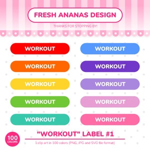 May include: A set of ten colorful "WORKOUT" labels in various colors, including red, orange, yellow, green, blue, purple, pink, and turquoise. The labels are arranged in two columns of five labels each. The text "WORKOUT" is in white and centered on each label. The labels are on a white background with a pink and white striped pattern.