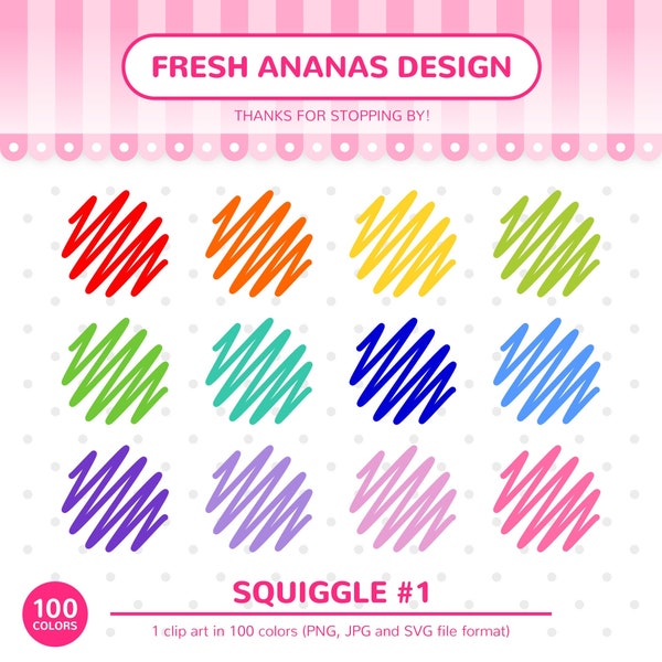 100 Colors Clip Art: Squiggle #1, Curly, Zig Zag, Doodle, Scribble, Squiggly Line, Rainbow, Clip Art, Planner Clipart