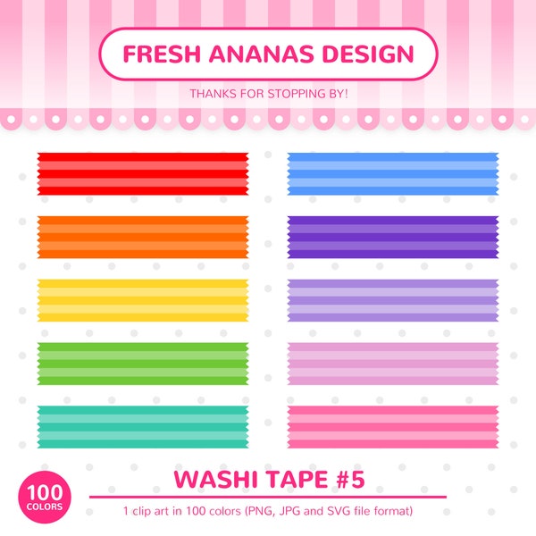 100 Farben Clip Art: Washi Tape #5, Gestreiftes Washi Tape, Horizontale Streifen, Washi Tape, Streifen, Clip Art, Planer, druckbar, Sticker, SVG